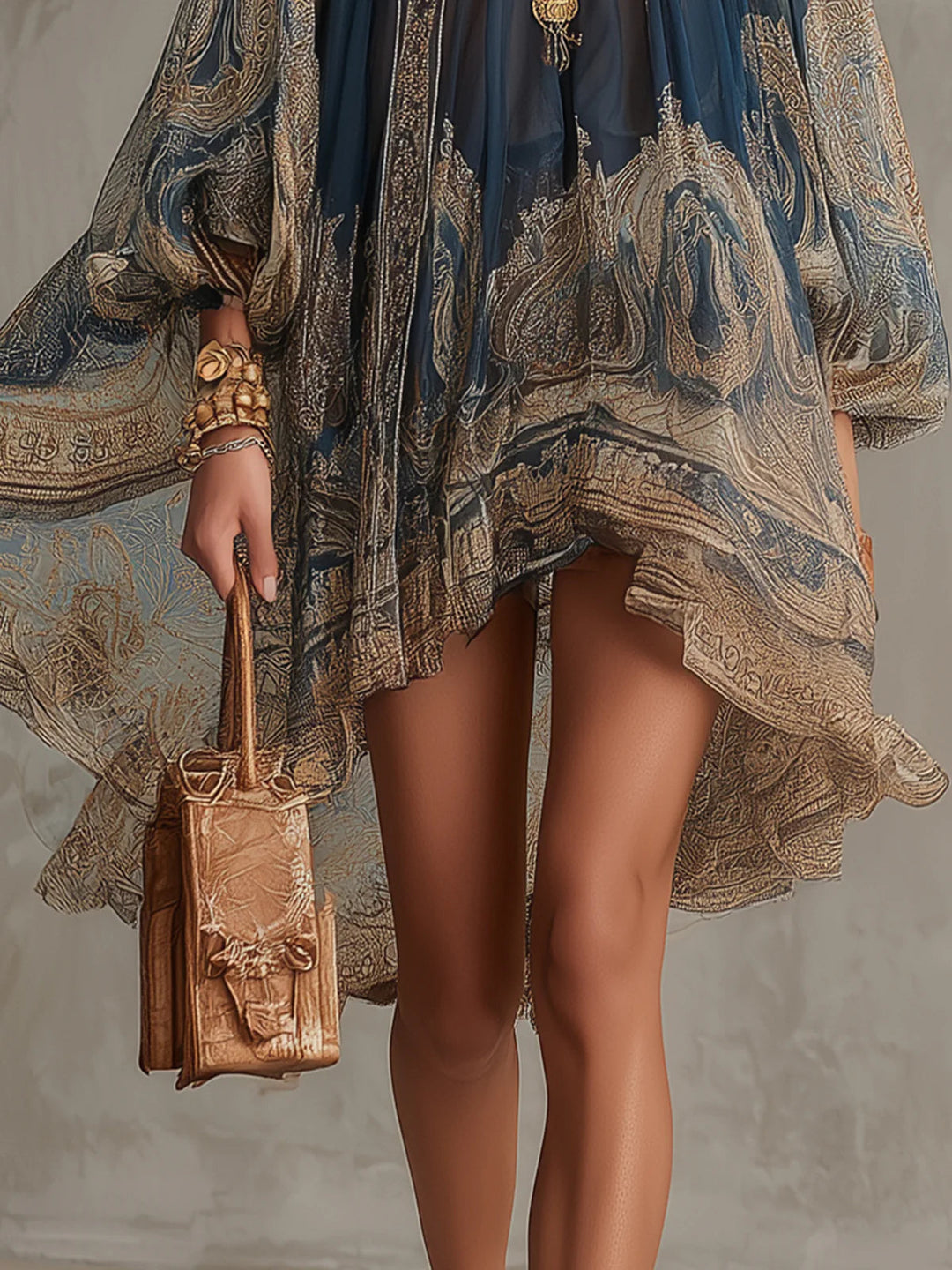 Berenice | Navy Baroque-Print High-Neck Asymmetric Mini Dress