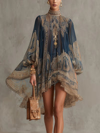 Berenice | Navy Baroque-Print High-Neck Asymmetric Mini Dress