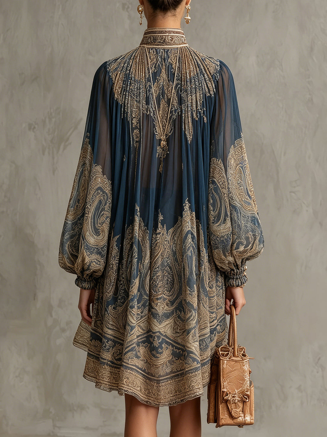 Berenice | Navy Baroque-Print High-Neck Asymmetric Mini Dress
