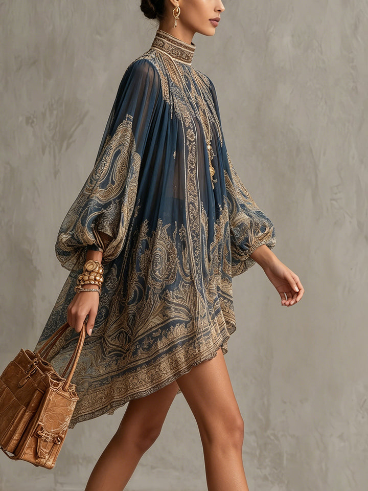 Berenice | Navy Baroque-Print High-Neck Asymmetric Mini Dress
