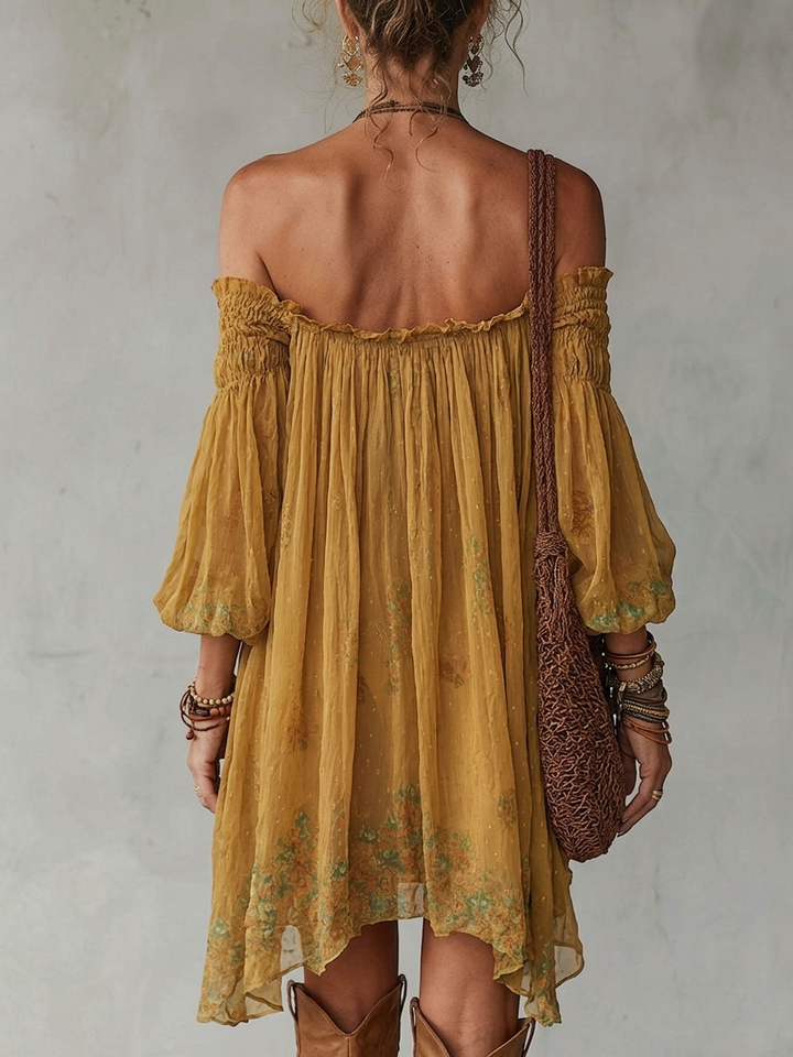 Giunchiglia | Yellow Floral Off-the-Shoulder Mini Dress