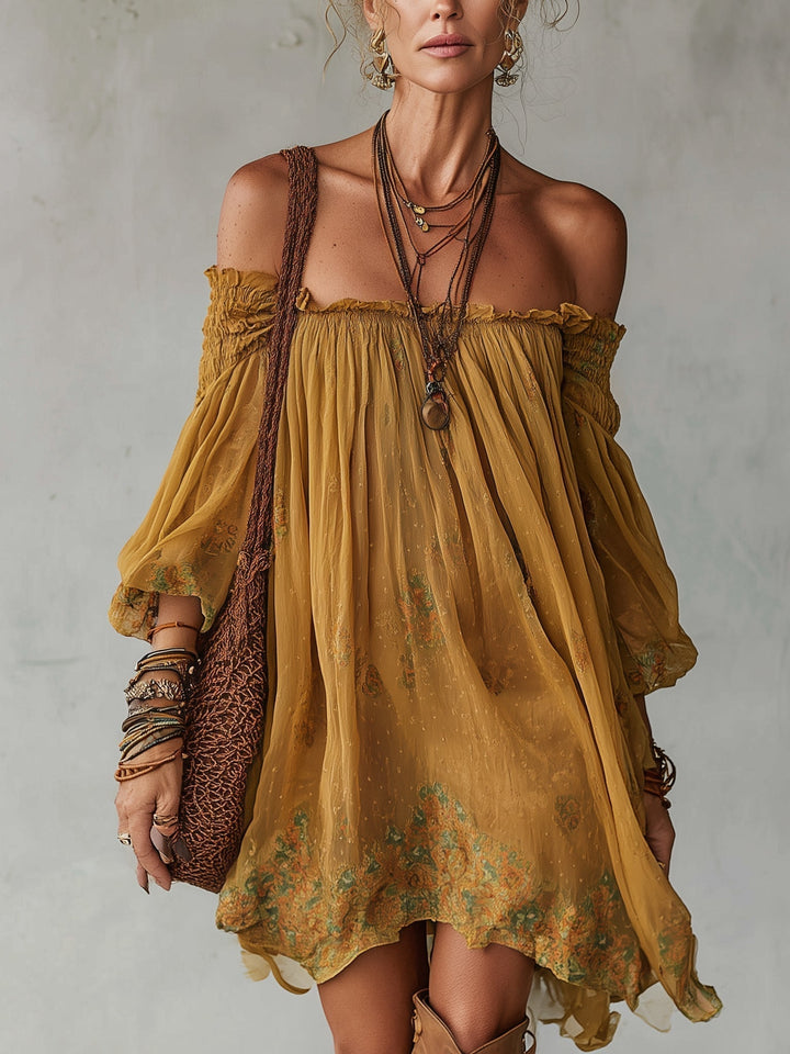 Giunchiglia | Yellow Floral Off-the-Shoulder Mini Dress