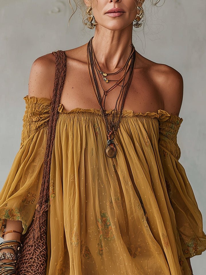 Giunchiglia | Yellow Floral Off-the-Shoulder Mini Dress