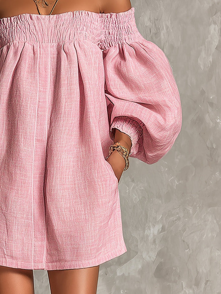 Violette | Mini Abito Rosa a Trapezio con Maniche a Lanterne e Spalle Scoperte
