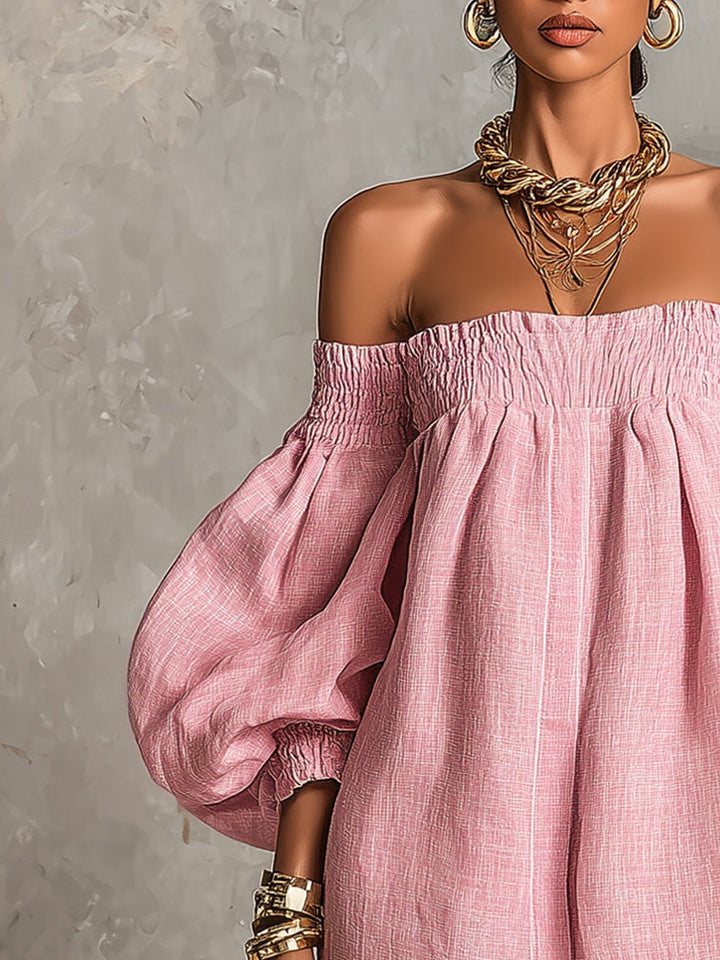 Violette | Mini Abito Rosa a Trapezio con Maniche a Lanterne e Spalle Scoperte
