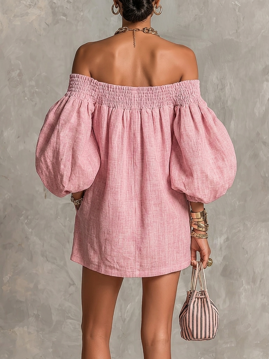 Violette | Mini Abito Rosa a Trapezio con Maniche a Lanterne e Spalle Scoperte