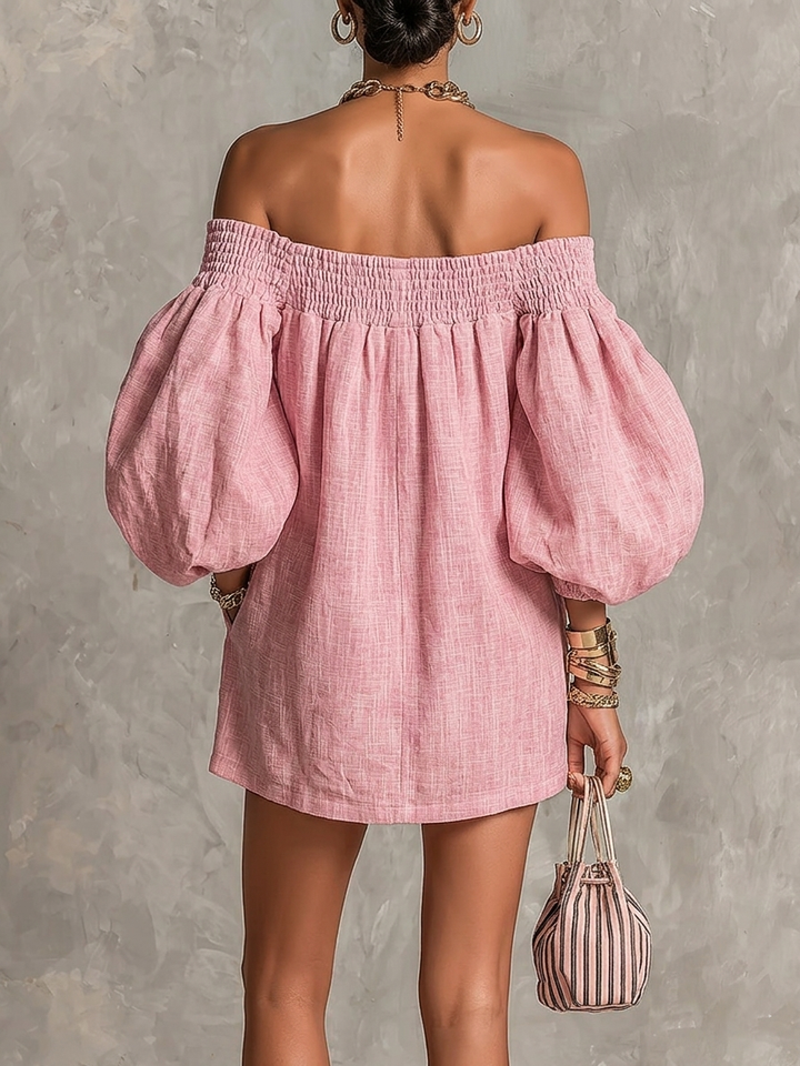 Violette | Mini Abito Rosa a Trapezio con Maniche a Lanterne e Spalle Scoperte