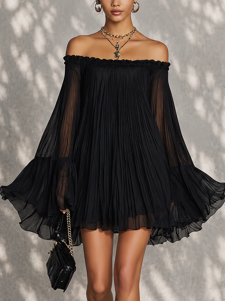 Zelia | Black Ruffle Mini Dress with Bell Sleeves