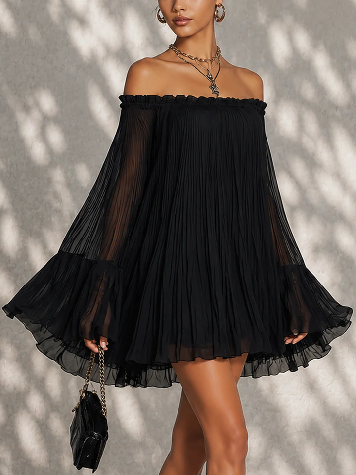 Zelia | Black Ruffle Mini Dress with Bell Sleeves