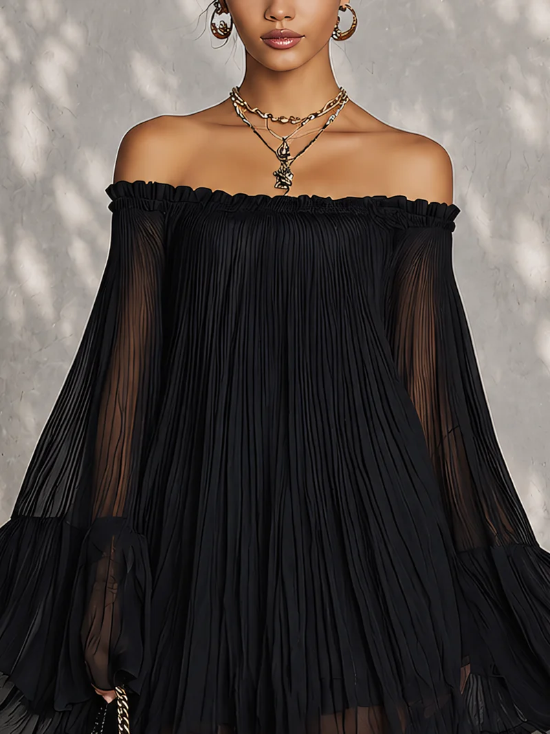 Zelia | Black Ruffle Mini Dress with Bell Sleeves