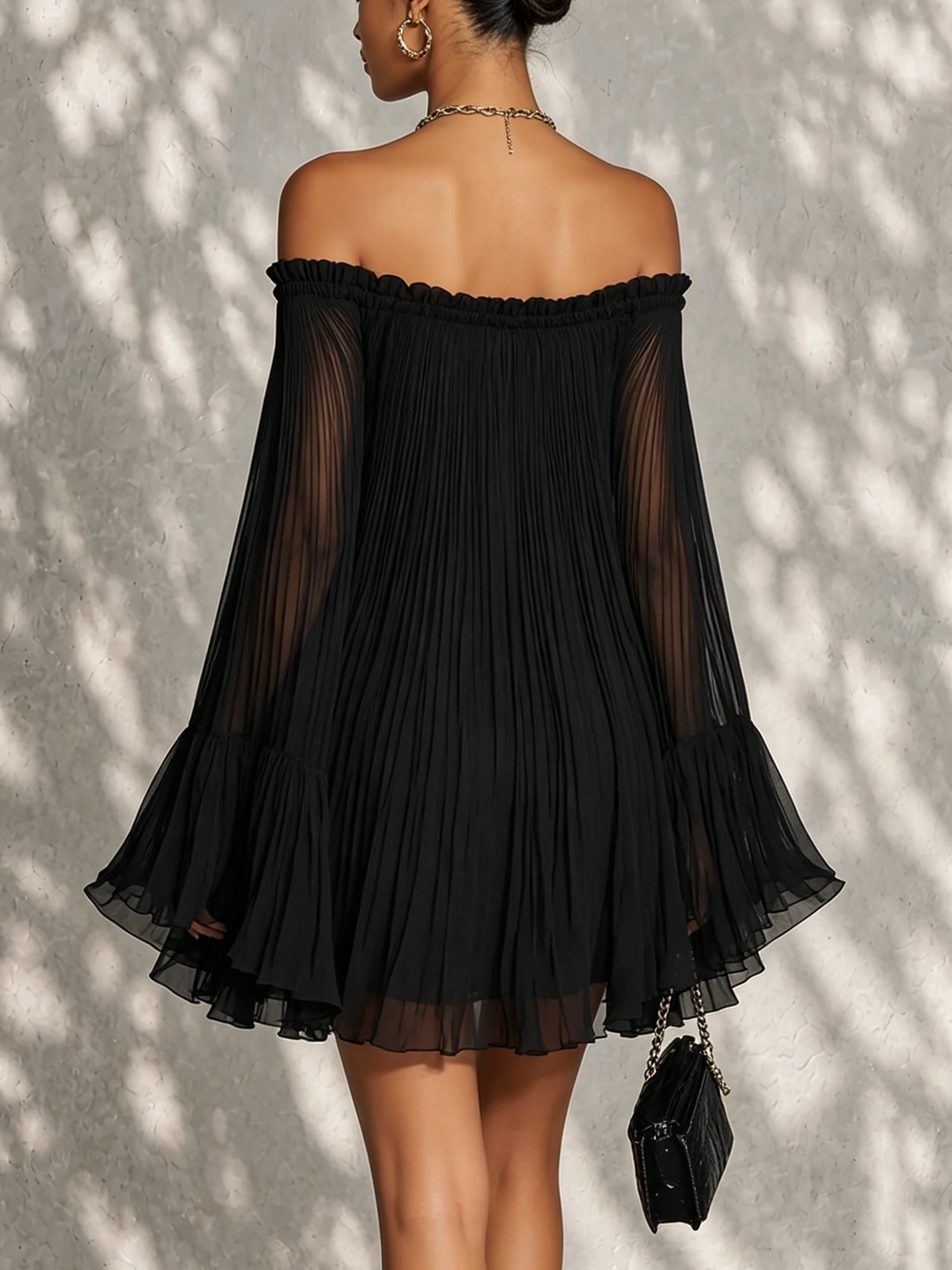 Zelia | Black Ruffle Mini Dress with Bell Sleeves