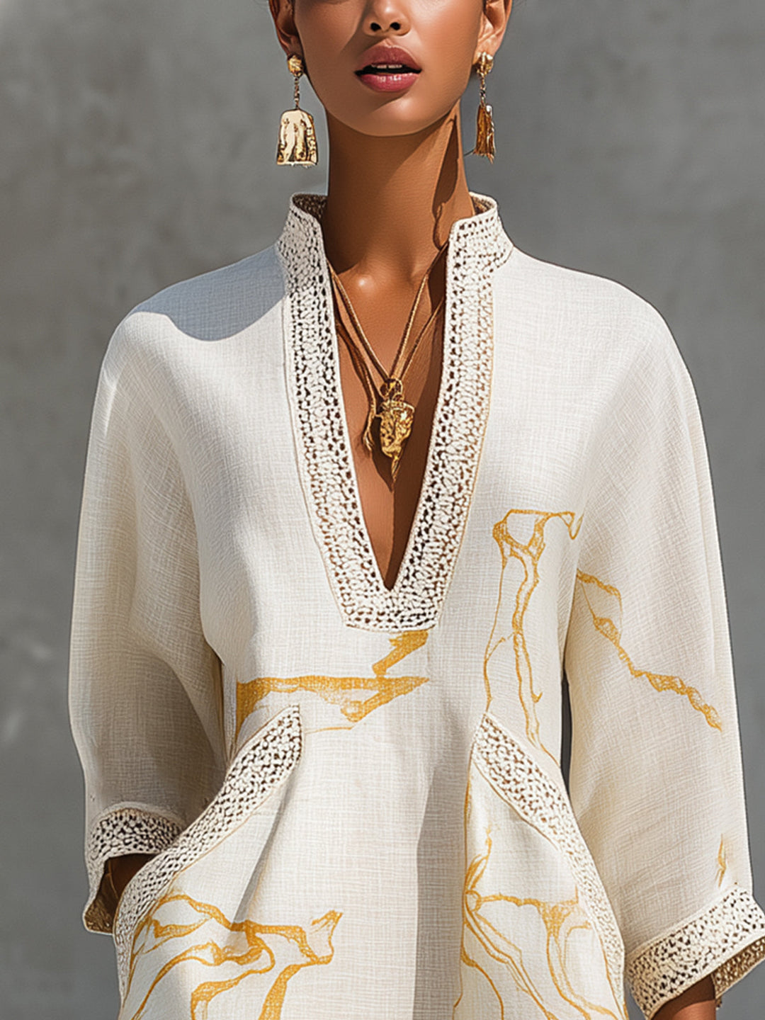 Avorio | Ivory and Gold Print Viscose Mini Dress