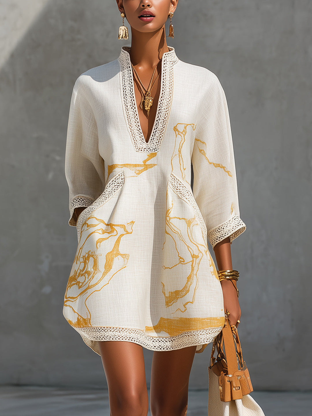 Avorio | Ivory and Gold Print Viscose Mini Dress