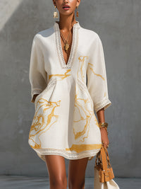 Avorio | Ivory and Gold Print Viscose Mini Dress
