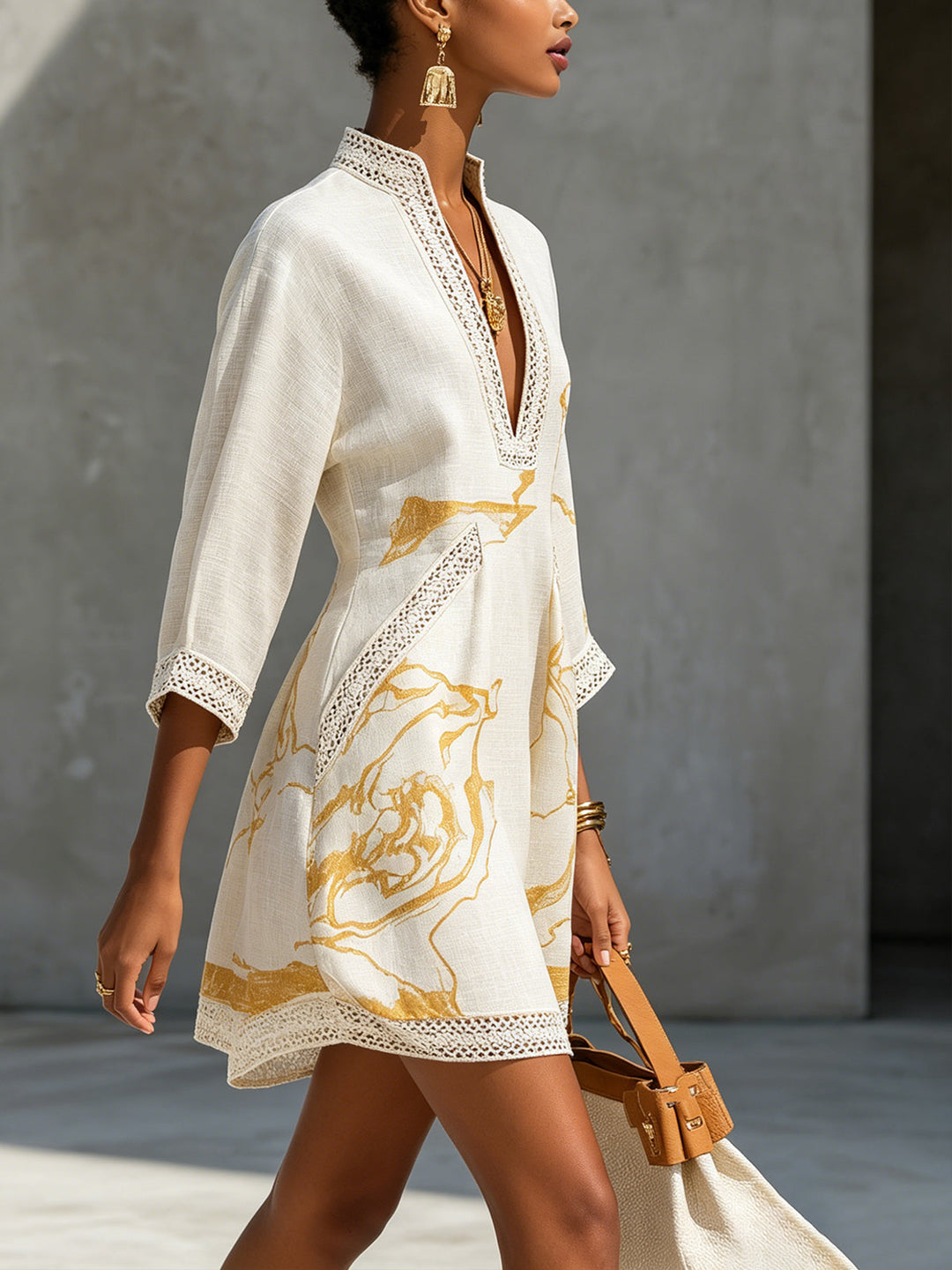 Avorio | Ivory and Gold Print Viscose Mini Dress