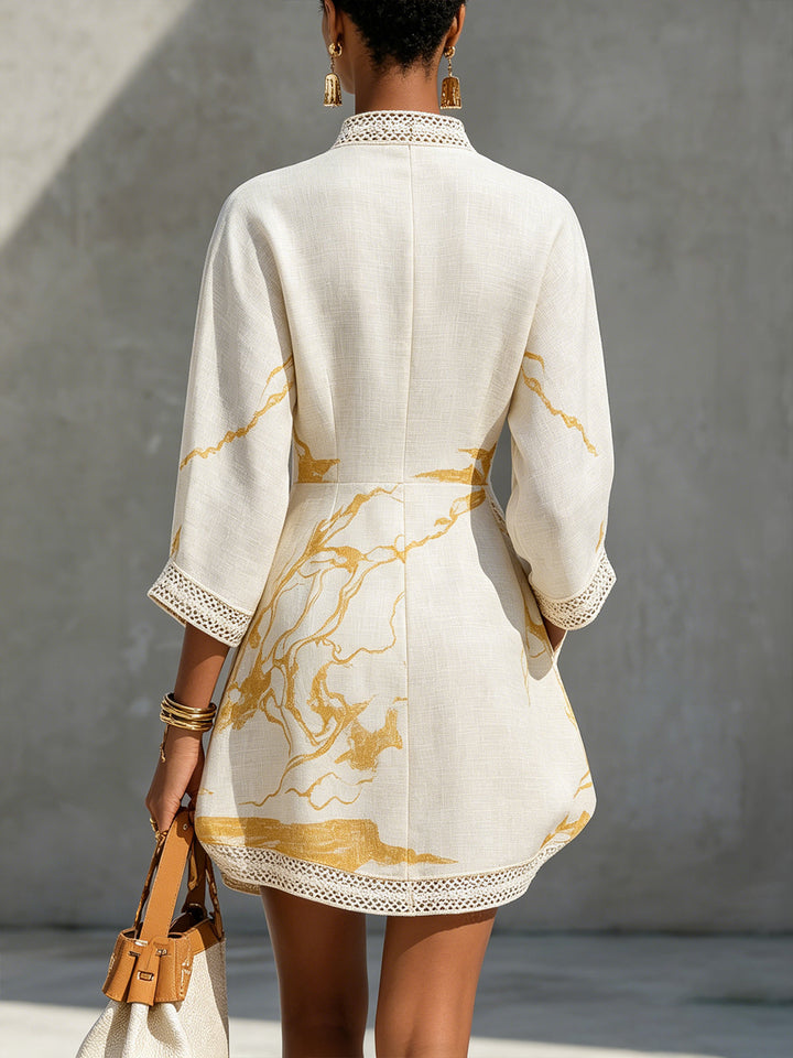 Avorio | Ivory and Gold Print Viscose Mini Dress