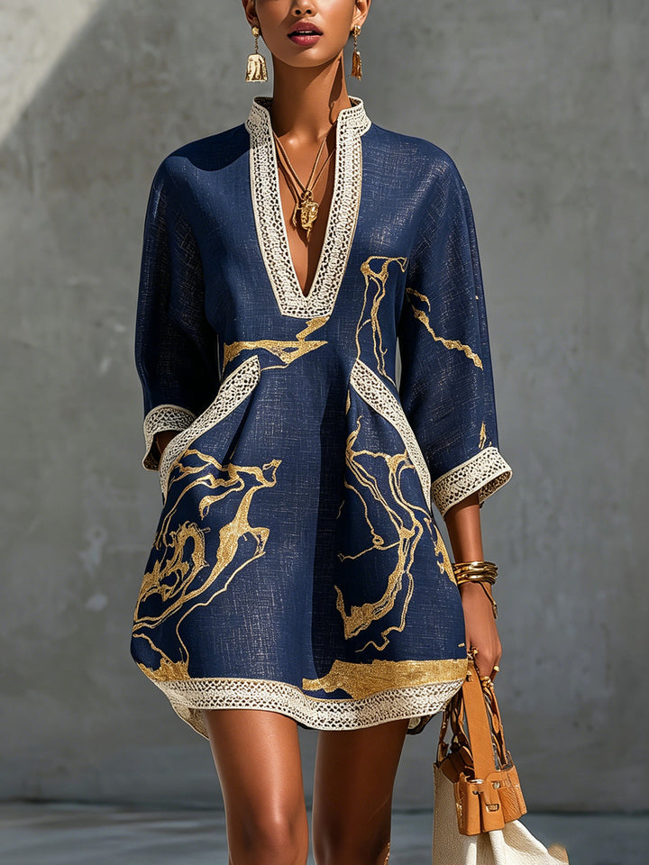 Cosette | Mini Dress in Navy Crochet Lace with Golden Patterns and V-Neck