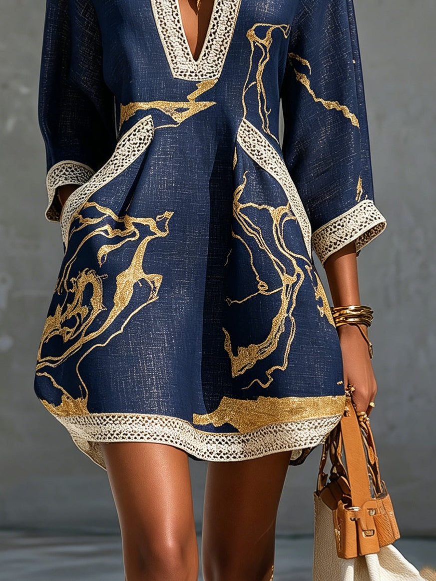 Cosette | Mini Dress in Navy Crochet Lace with Golden Patterns and V-Neck