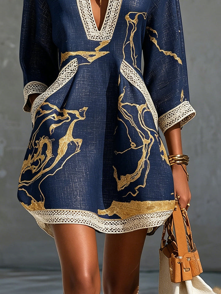 Cosette | Mini Dress in Navy Crochet Lace with Golden Patterns and V-Neck