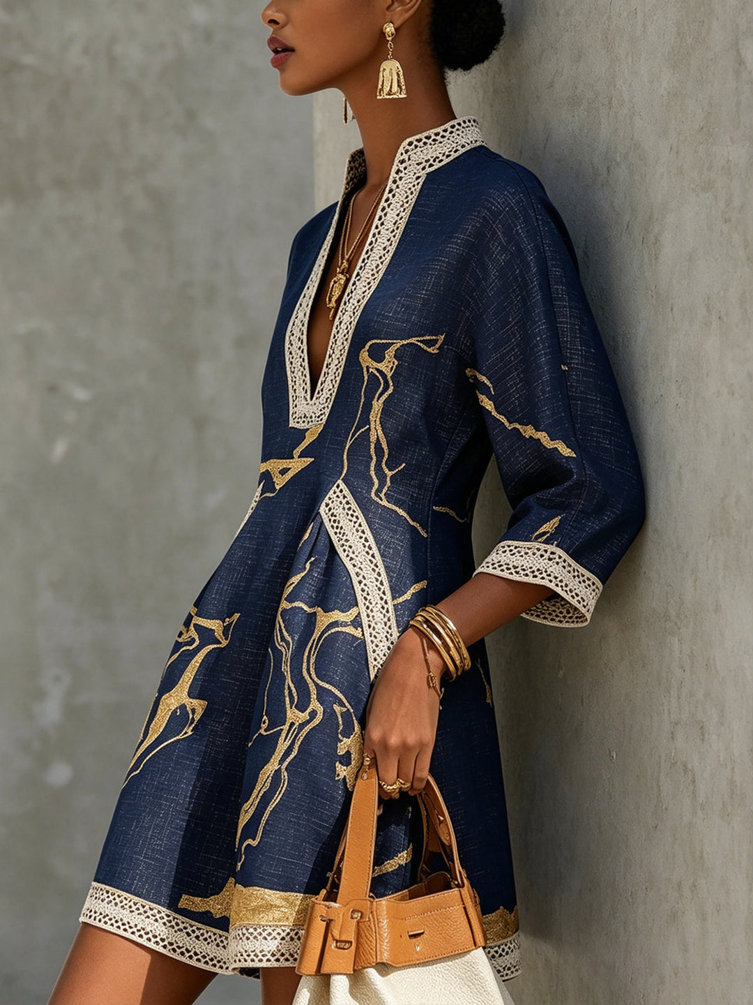 Cosette | Mini Dress in Navy Crochet Lace with Golden Patterns and V-Neck