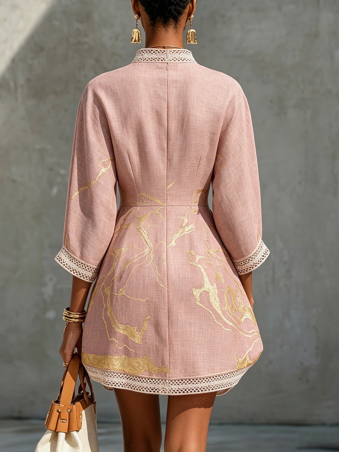 Aurora | Pink and Gold Print V-Neck Mini Dress