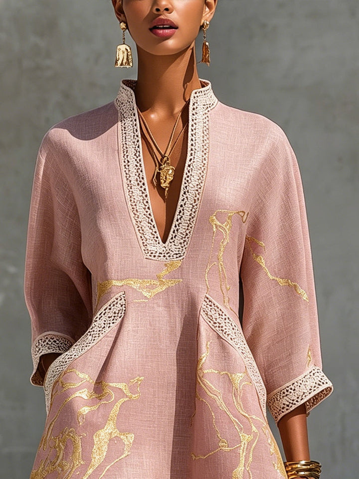 Aurora | Pink and Gold Print V-Neck Mini Dress