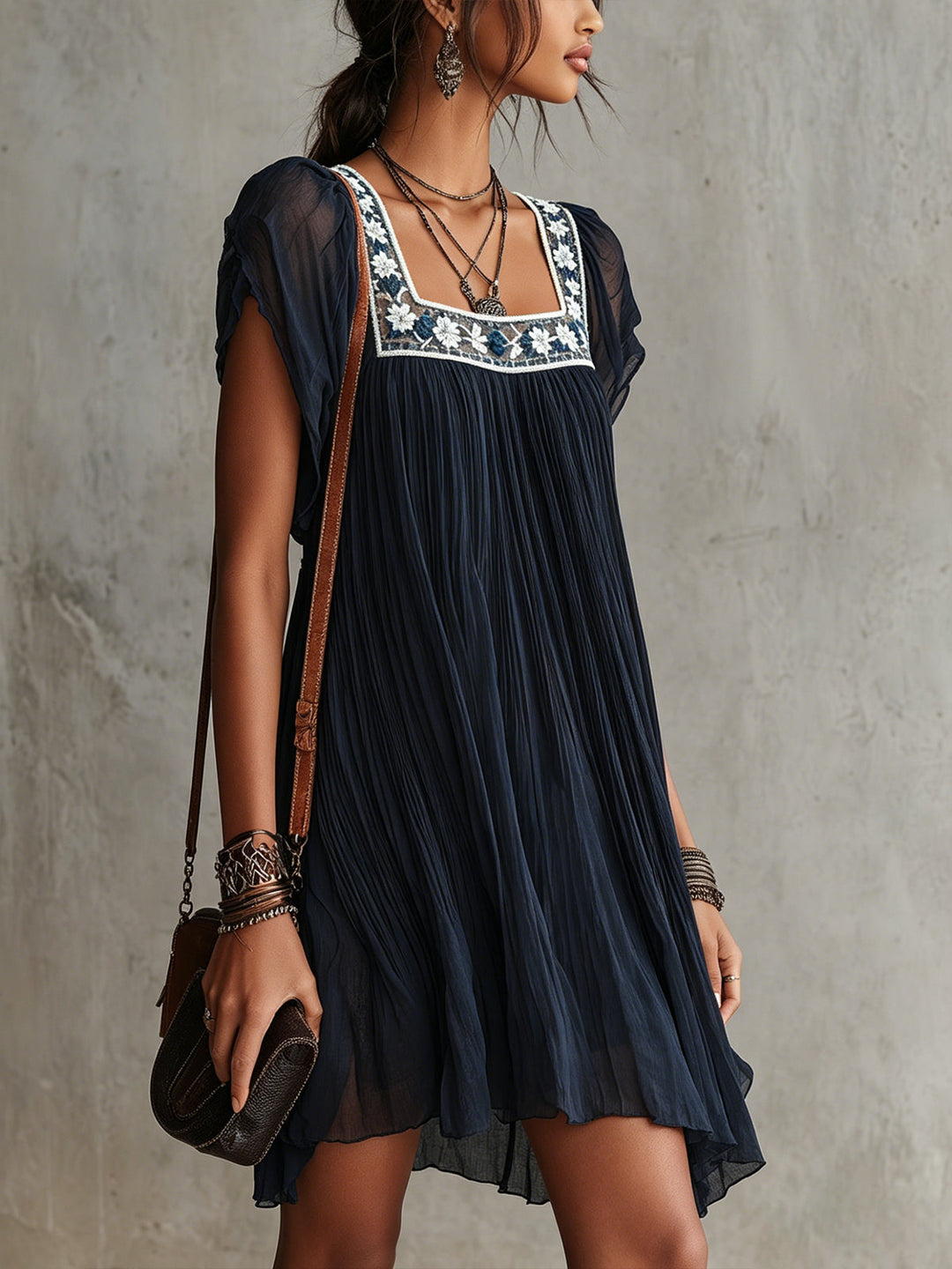 Apolline | Mini Dress in Embroidered Navy Blue Floral Mousseline