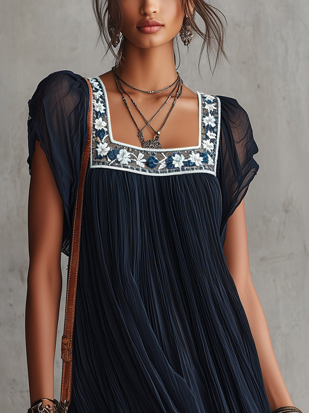 Apolline | Mini Dress in Embroidered Navy Blue Floral Mousseline