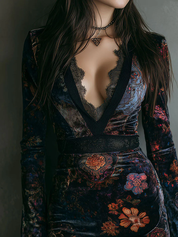 Iris | Floral Velvet Bodycon Mini Dress with Lace