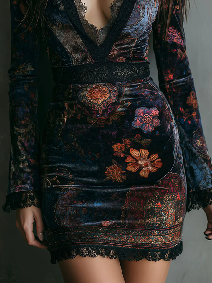 Iris | Floral Velvet Bodycon Mini Dress with Lace