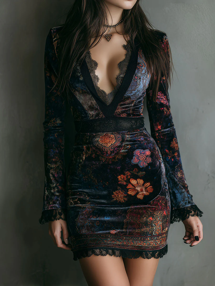 Iris | Floral Velvet Bodycon Mini Dress with Lace