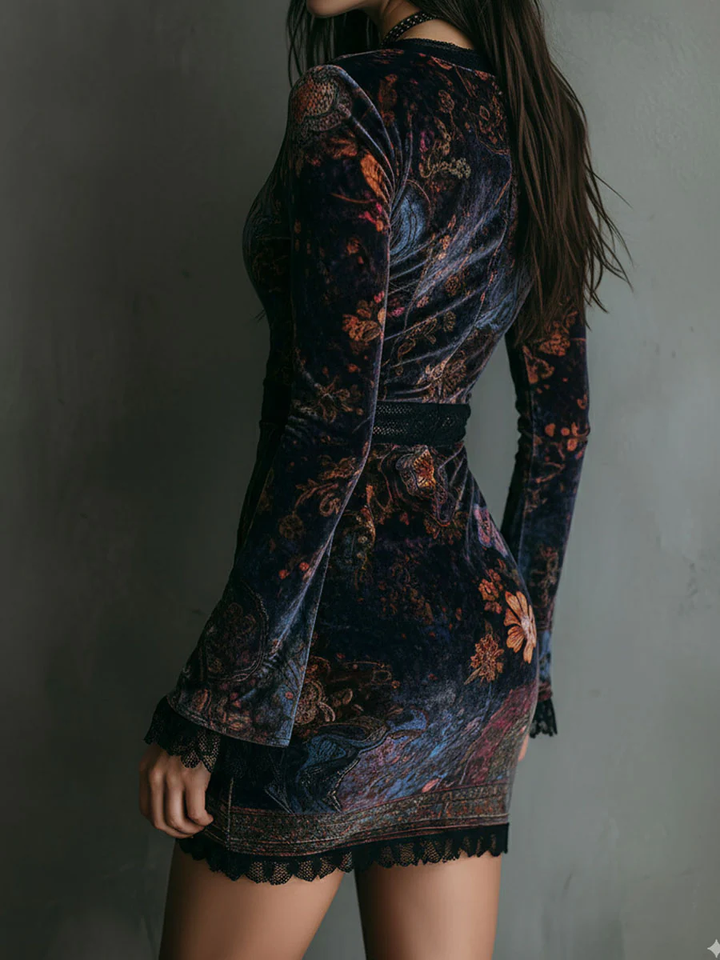 Iris | Floral Velvet Bodycon Mini Dress with Lace