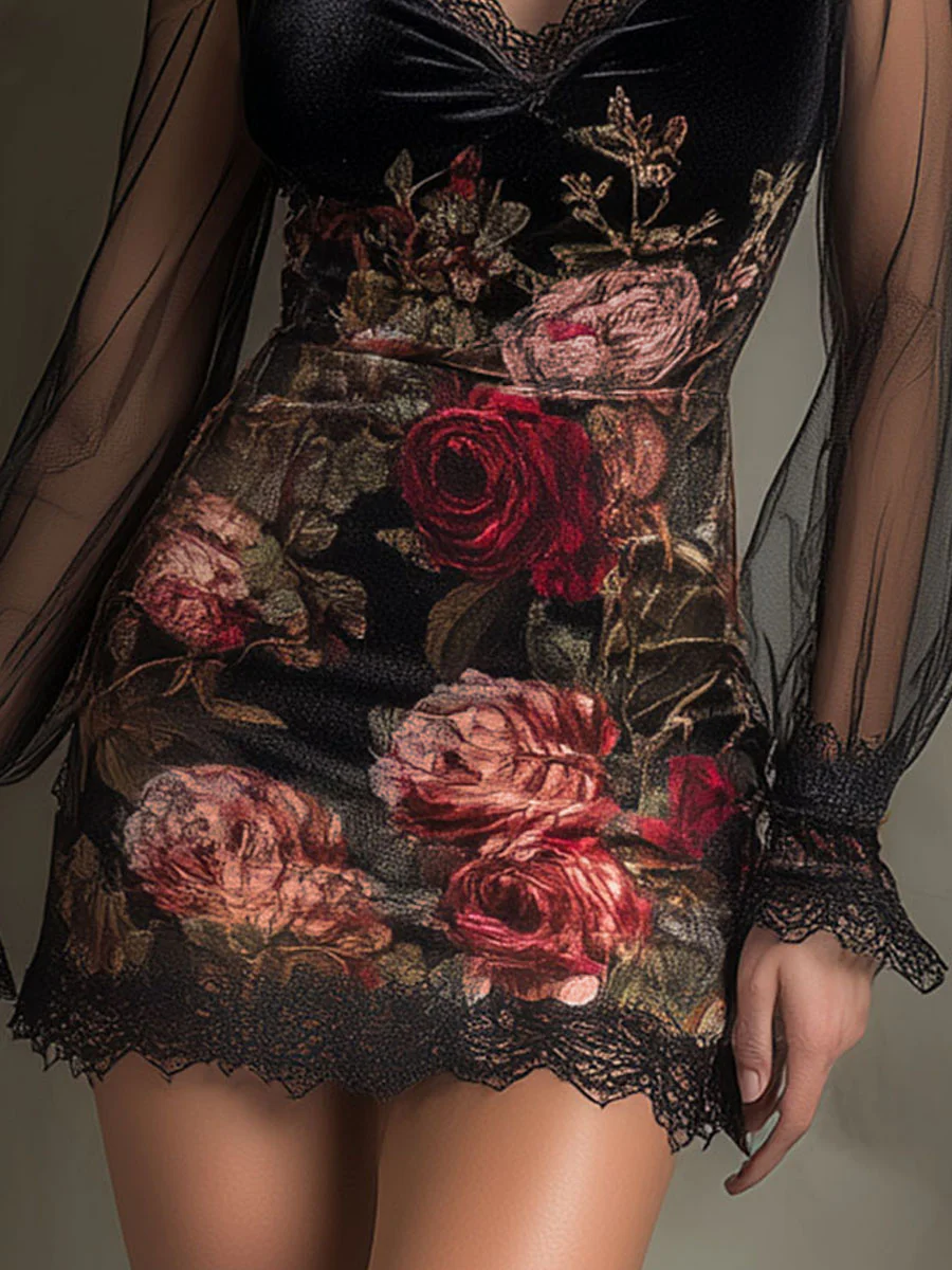 Egle | Rose-Print Tulle and Lace Mini Dress