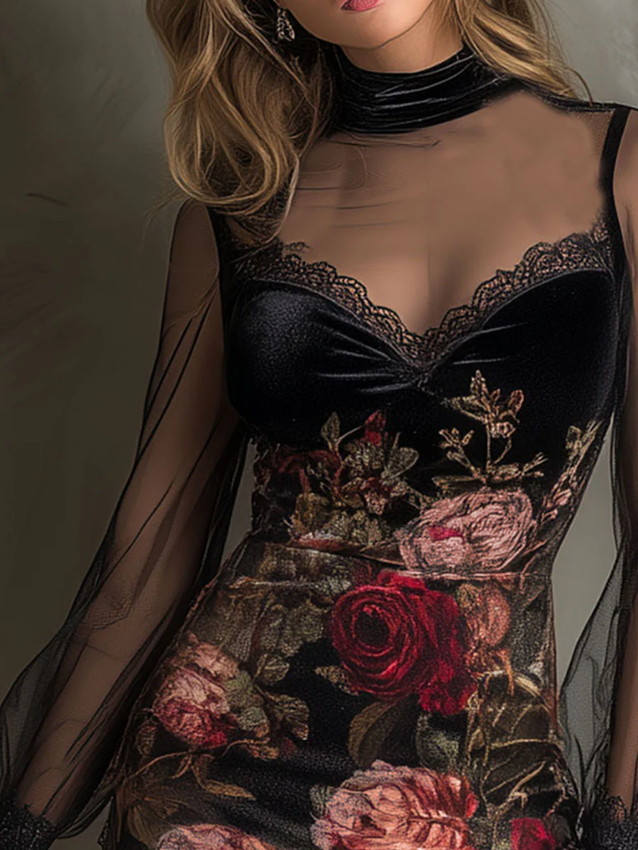 Egle | Rose-Print Tulle and Lace Mini Dress