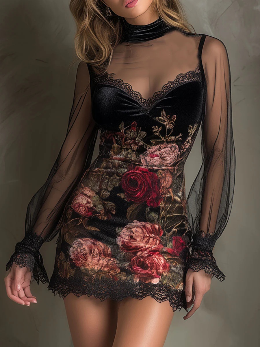 Egle | Rose-Print Tulle and Lace Mini Dress