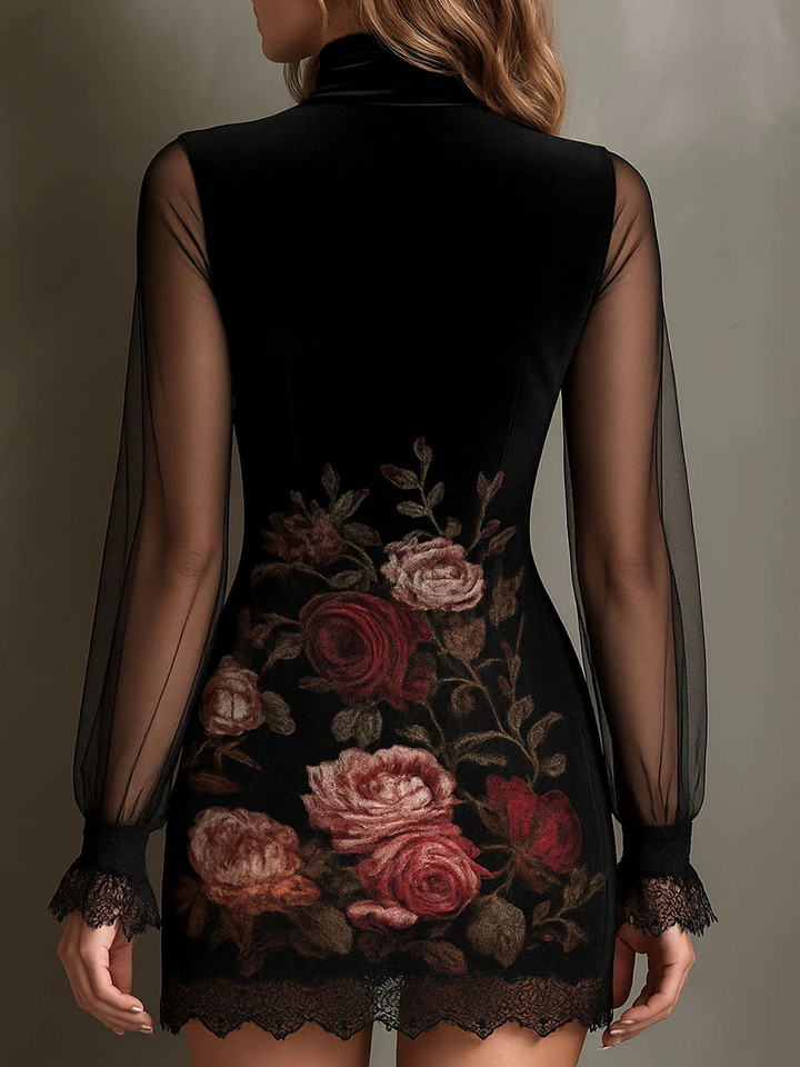 Egle | Rose-Print Tulle and Lace Mini Dress