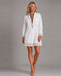 Mini Abito Camicia Bianco Boho con Orlo Ricamato