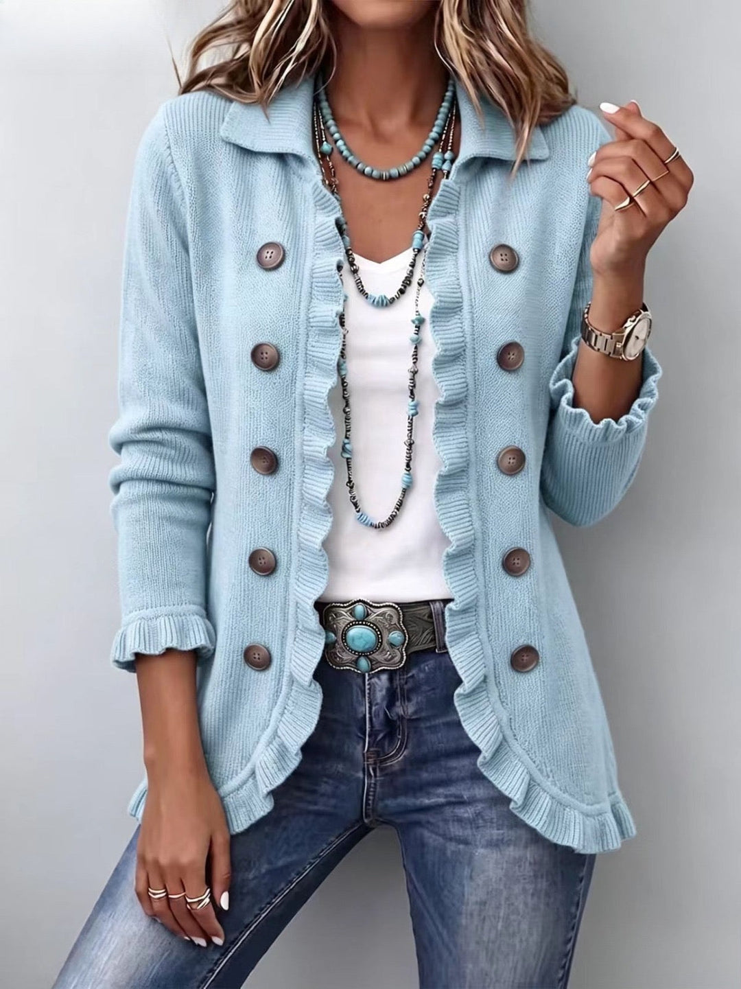 Cleofe | Giacca in Maglia Blu Polvere con Rouches