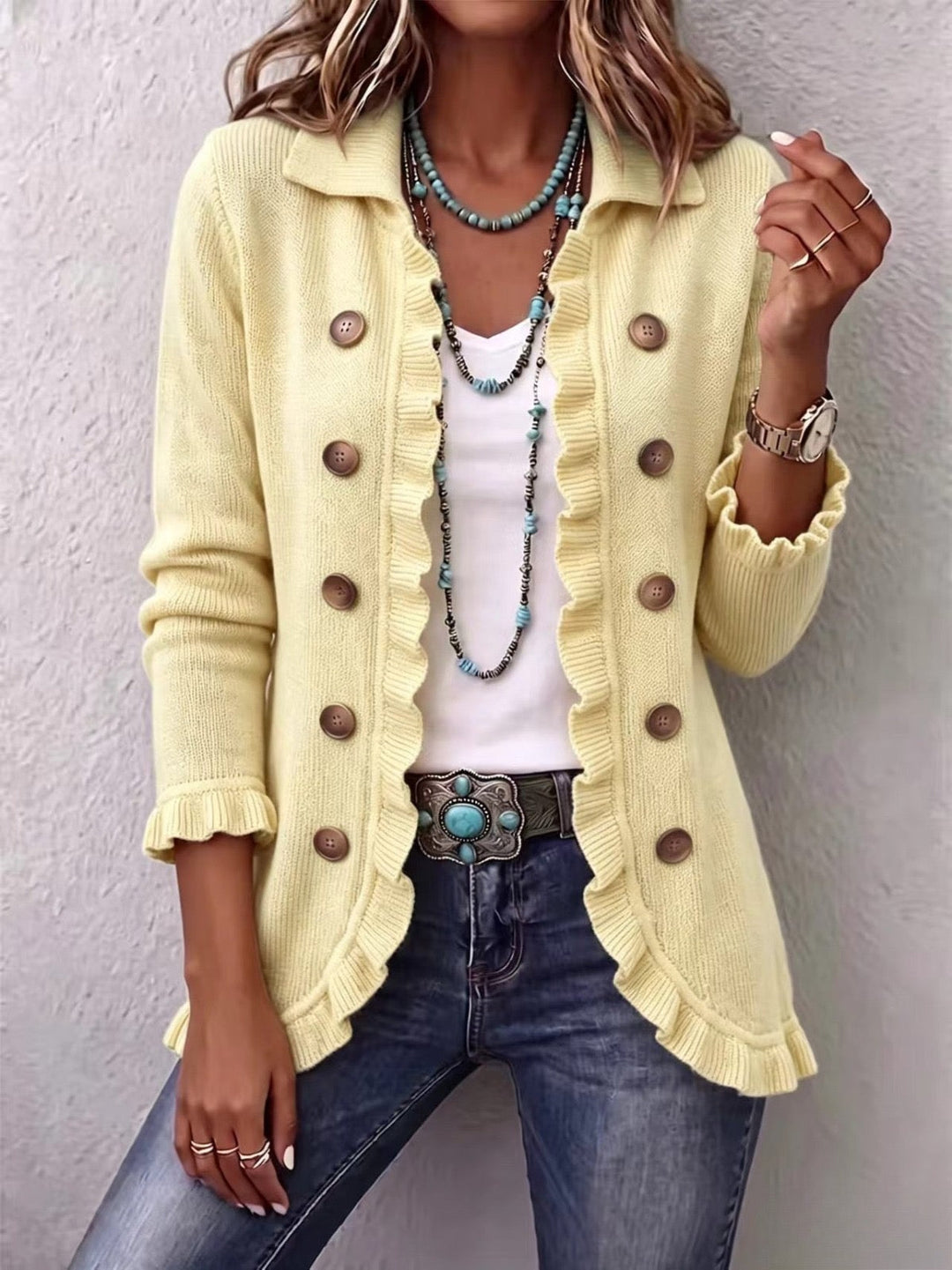 Palmina | Crema Knit Jacket with Ruffles