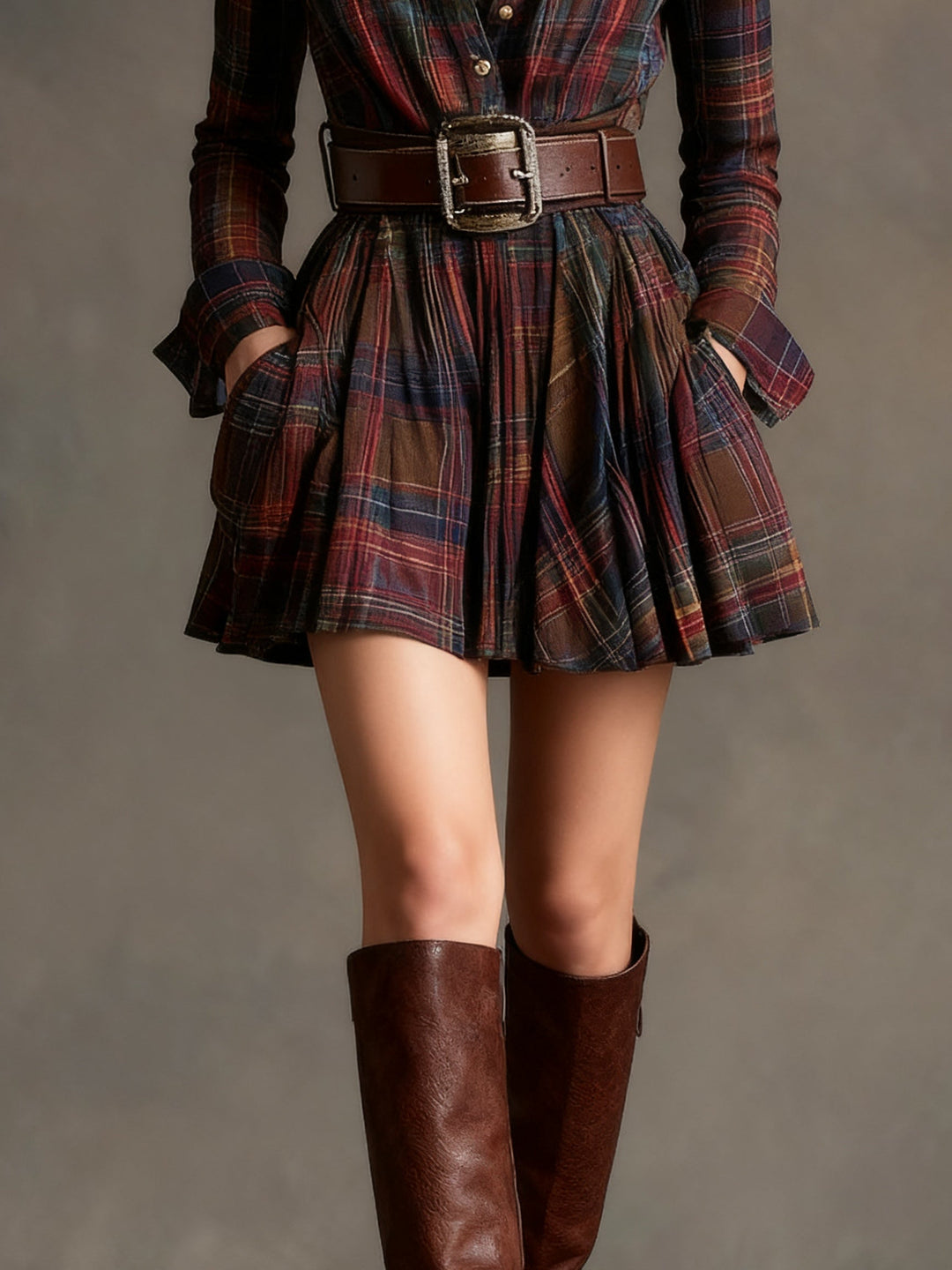 Cannella | Vintage Plaid Mini Dress with Belt