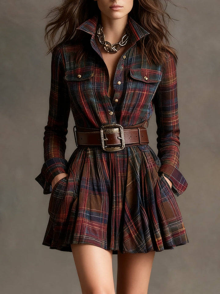Cannella | Vintage Plaid Mini Dress with Belt