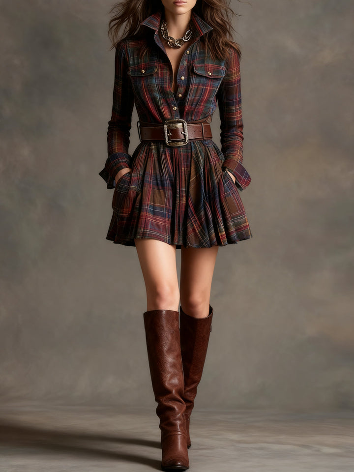 Cannella | Vintage Plaid Mini Dress with Belt