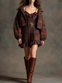 Mariella | Vintage Plaid and Stripe Mini Dress with Oversized Jacket and Belt