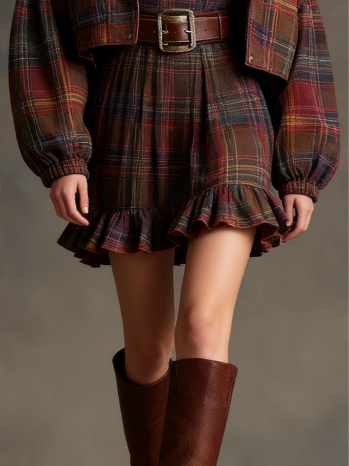 Mariella | Vintage Plaid and Stripe Mini Dress with Oversized Jacket and Belt