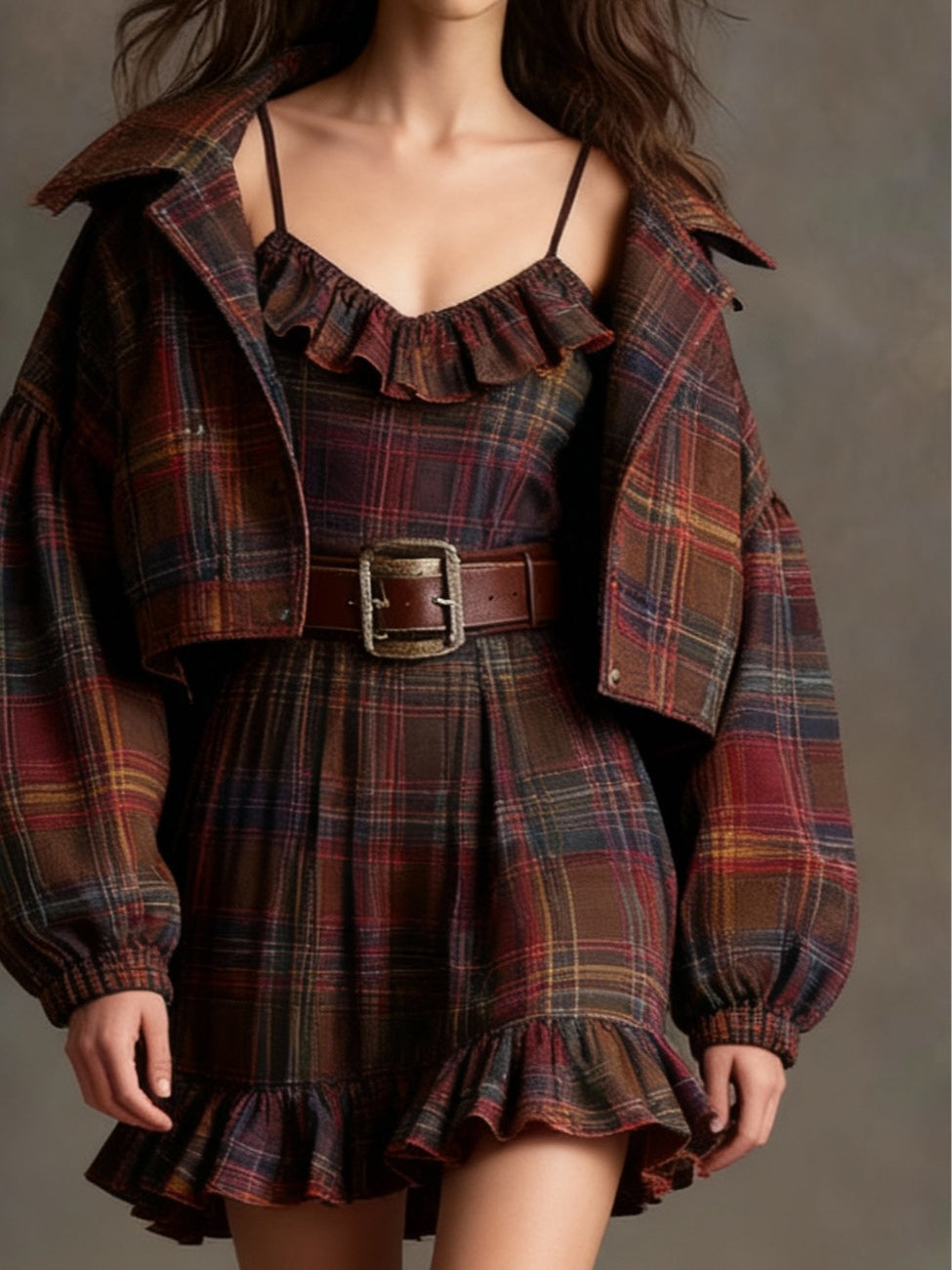 Mariella | Vintage Plaid and Stripe Mini Dress with Oversized Jacket and Belt