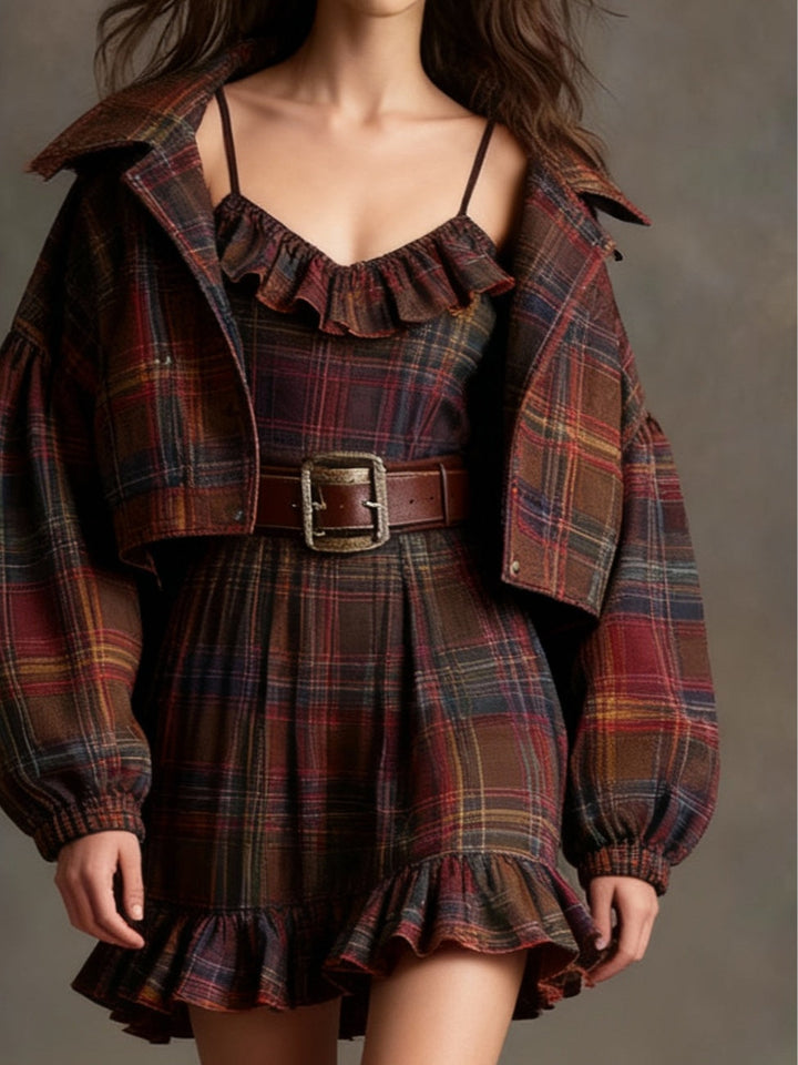 Mariella | Vintage Plaid and Stripe Mini Dress with Oversized Jacket and Belt