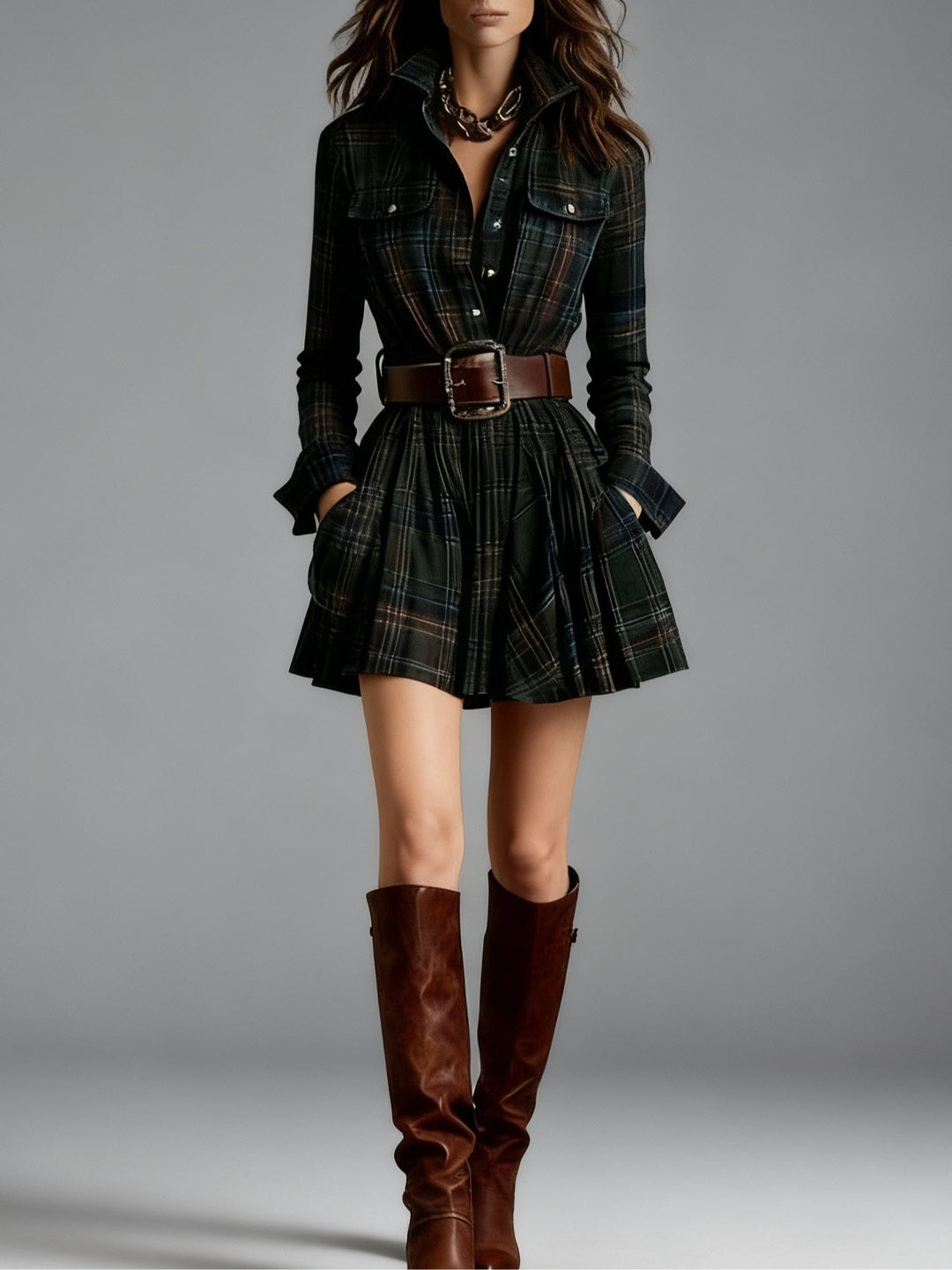 Cannella | Vintage Plaid Mini Dress with Belt