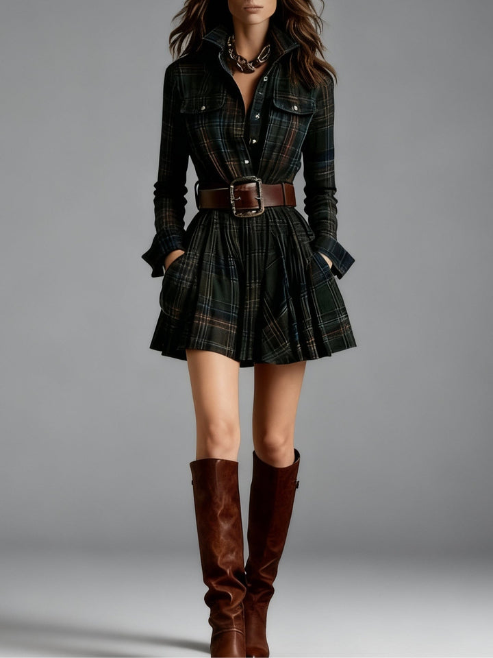 Cannella | Vintage Plaid Mini Dress with Belt