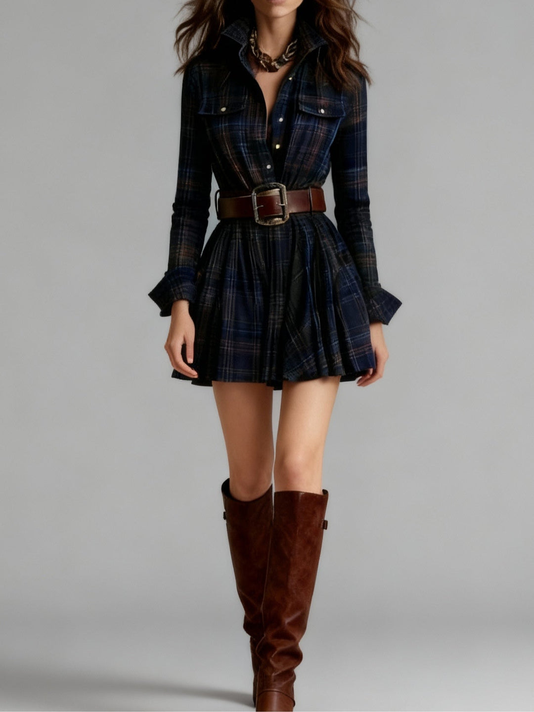 Cannella | Vintage Plaid Mini Dress with Belt