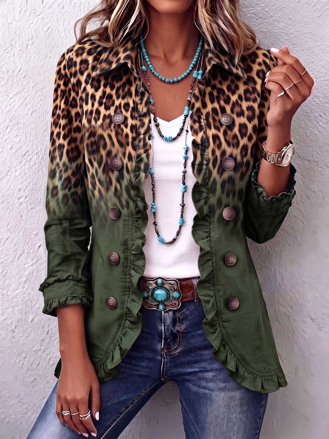 Morena | Blazer Verde Leopardo con Dettagli a Volant